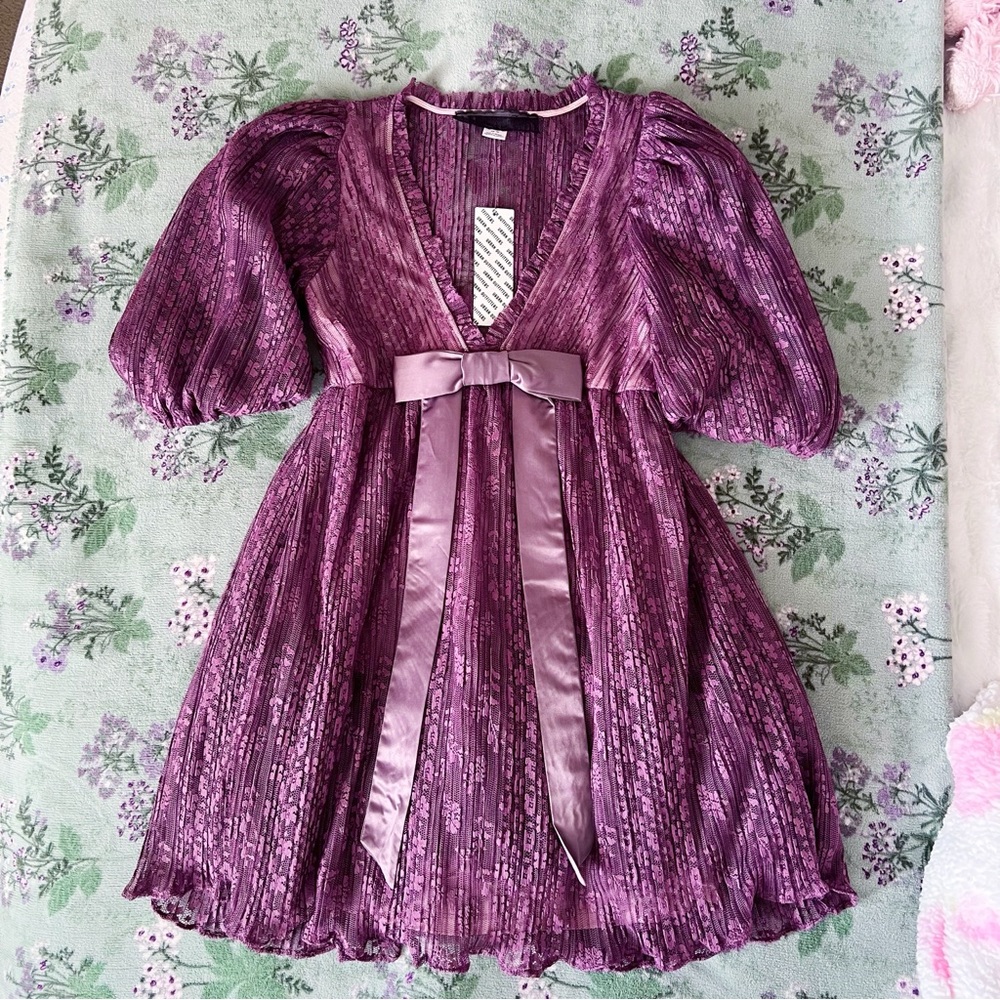 UO Kimchi Blue Margaret Lace Bow Babydoll Mini Dress